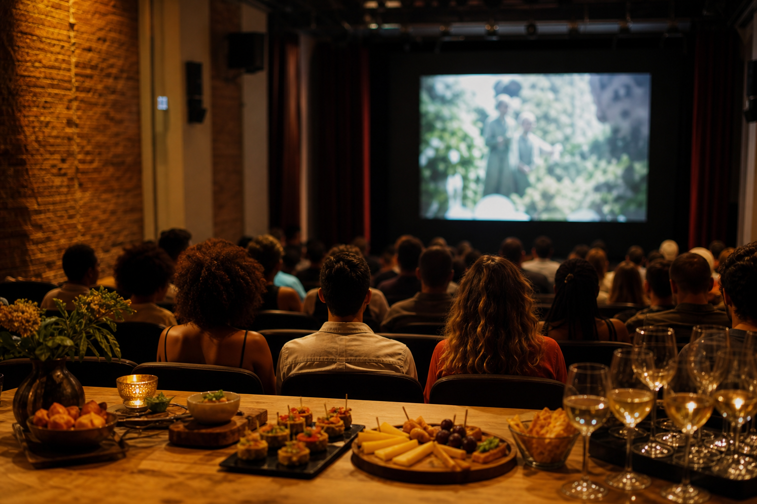 Público acompanha sessão de cinema cultural com mesa de degustação em primeiro plano