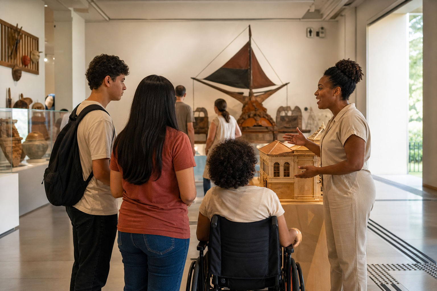 Visitantes participam de atividade educativa em museu durante programação cultural sobre inclusão